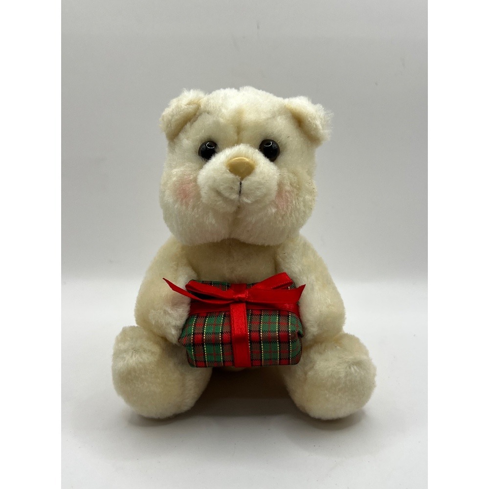 Vintage Plush Teddy Bear Cream Color Christmas Present Holiday Decor 9"‎